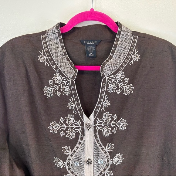 SilkLand 100% Silk 2X Brown Cream Tunic Embroidery Beading Boho Natural Elegant - Picture 12 of 13